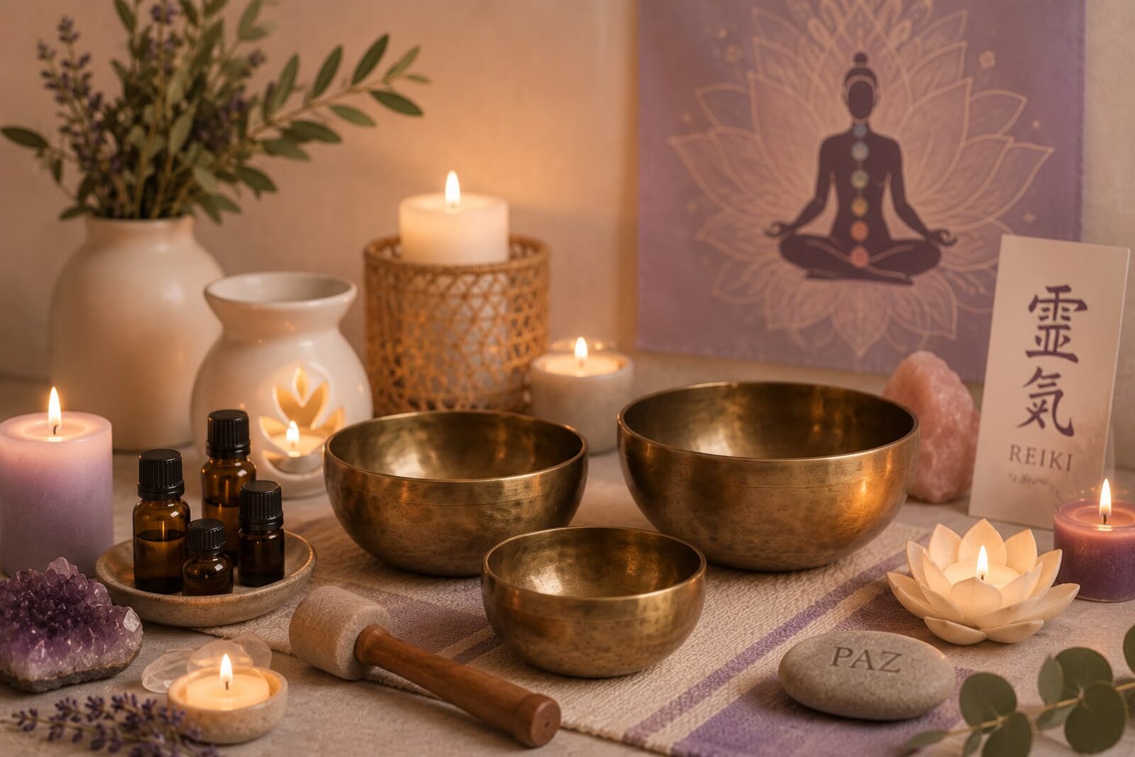 Cuencos tibetanos, aceites esenciales y velas en un ambiente de calma para la terapia energética con Reiki y aromaterapia.